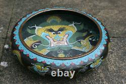 11.75 Large Antique Chinese Bronze Cloisonne Dragon Brush Wash Pot Marks