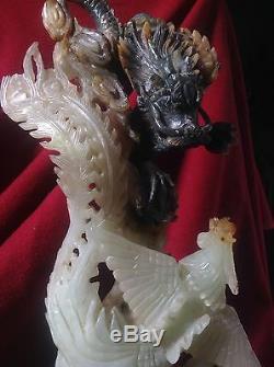 14 Antique Chinese Large White jade Dragon Phoenix STATUE sculpture Figurine