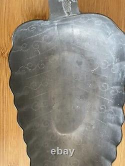 15 Large Antique Chinese Pewter Tray Gem Stones Handle Marked