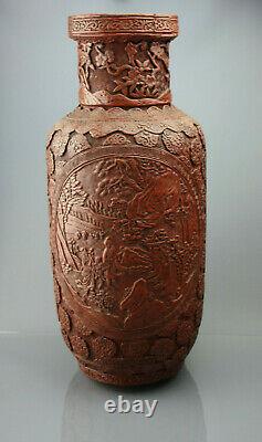 1736-1795 Large Chinese Cinnabar Lacquer Qianlong Period Antique Rouleau Vase