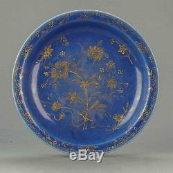 18C Kangxi Large 26.8cm Gilt Powder Blue Plate Flowers Antique