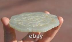 18C or 19C Chinese White Jade Carved Carving Large Plaque Pendant Cloud & Lily