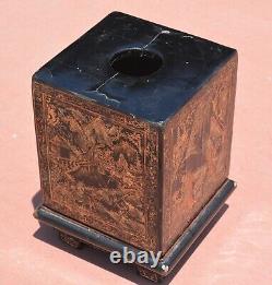 19C Chinese Gilt Lacquer Wood Box Large Scholar Seal Chop Chirography & Figure