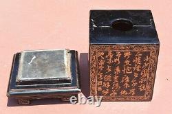 19C Chinese Gilt Lacquer Wood Box Large Scholar Seal Chop Chirography & Figure