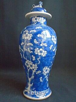 19th. C. Chinese B & W Large Prunus blossom Baluster Vase & cover. Kangxi mark