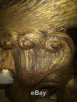 19th ct Chinese Carved Wood Foo Dog Large gold gilded 20lb 18 Phu Lion fo Fu