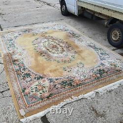 20thC, vintage, large, room size, wool, Chinese, floral, yellow, rug, 9' x 12', thick pile
