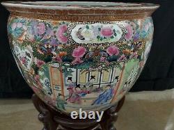 20th Century Large Chinese Famille Rose Medalion Fish Bowl Vase Qianlong Marked