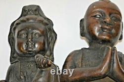 2 Large Antique Chinese Bronze Statues Of Buddha And Guanyin, c1920