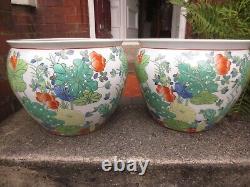 2 Superb Oriental Chinese Large Fish Bowl / planter Plant Pots