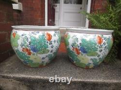 2 Superb Oriental Chinese Large Fish Bowl / planter Plant Pots