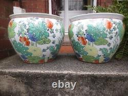 2 Superb Oriental Chinese Large Fish Bowl / planter Plant Pots