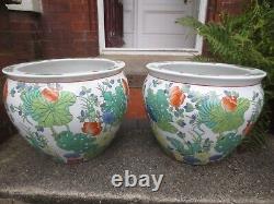 2 Superb Oriental Chinese Large Fish Bowl / planter Plant Pots