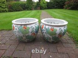 2 Superb Oriental Chinese Large Fish Bowl / planter Plant Pots