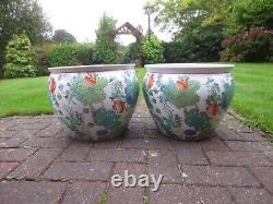 2 Superb Oriental Chinese Large Fish Bowl / planter Plant Pots