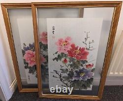 2x Chinese Oriental Large Painting Signed Flowers Leaves Peony