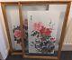 2x Chinese Oriental Large Painting Signed Flowers Leaves Peony