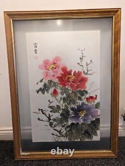 2x Chinese Oriental Large Painting Signed Flowers Leaves Peony