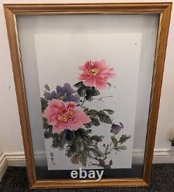 2x Chinese Oriental Large Painting Signed Flowers Leaves Peony