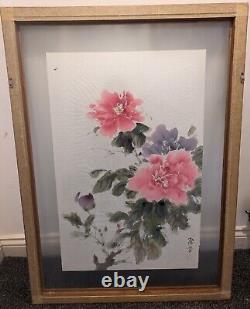 2x Chinese Oriental Large Painting Signed Flowers Leaves Peony