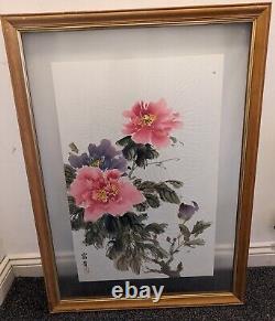 2x Chinese Oriental Large Painting Signed Flowers Leaves Peony