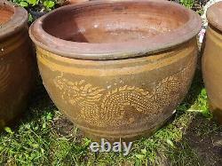 4 Large Antique Chinese Brown Glaze Dragon Jardiniere Pot Planters