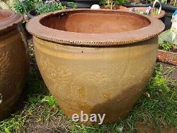 4 Large Antique Chinese Brown Glaze Dragon Jardiniere Pot Planters