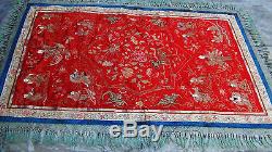 ANTIQUE 18-19c CHINESE EXCEPTIONAL LARGE GOLD STITCHES RED SILK EMBROIDERY PANEL