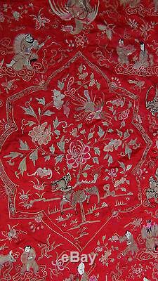 ANTIQUE 18-19c CHINESE EXCEPTIONAL LARGE GOLD STITCHES RED SILK EMBROIDERY PANEL