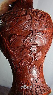 ANTIQUE 18c CHINESE RED LACQUERED LARGE CINNABAR IMMORTALS ON LANDSCAPE VASE 14