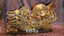 ANTIQUE 18c CHINESE WOOD CARVED LARGE TEMPLE FOO-LION WithBABY LION STATUE