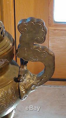 ANTIQUE 19c CHINESE LARGE BRASS, BRONZE INCENSE BURNER ON STAND, FOO-DOG ON A LID