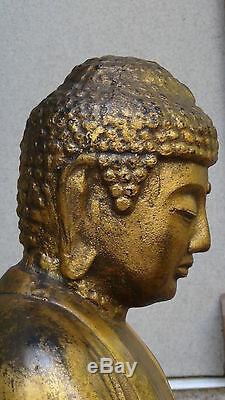 ANTIQUE 19c CHINESE LARGE GILT BRONZE SEATED BUDDHA STATUE ON WOOD STAND