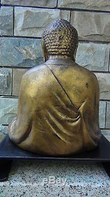 ANTIQUE 19c CHINESE LARGE GILT BRONZE SEATED BUDDHA STATUE ON WOOD STAND