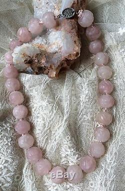 ANTIQUE CHINESE CARVED ROSE QUARTZ SHOU Large beads choker NECKLACE