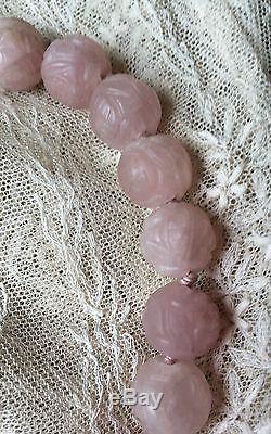 ANTIQUE CHINESE CARVED ROSE QUARTZ SHOU Large beads choker NECKLACE