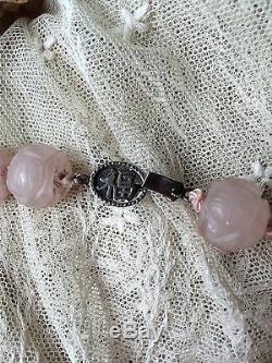 ANTIQUE CHINESE CARVED ROSE QUARTZ SHOU Large beads choker NECKLACE