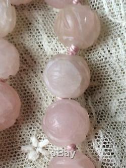 ANTIQUE CHINESE CARVED ROSE QUARTZ SHOU Large beads choker NECKLACE