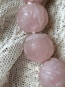 ANTIQUE CHINESE CARVED ROSE QUARTZ SHOU Large beads choker NECKLACE