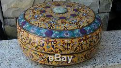 ANTIQUE CHINESE LARGE 16D CLOISONNE COVERED BOX With DRAGON JADE INSERT IN LID #1