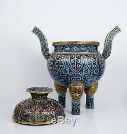 A Large Chinese Cloisonne Tripod Censer and Cover