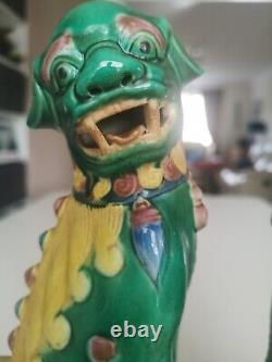 A Large Vintage Pair of Green And Yellow Foo Dogs Chinese Ornamental Figurines