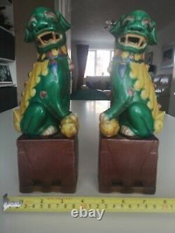 A Large Vintage Pair of Green And Yellow Foo Dogs Chinese Ornamental Figurines