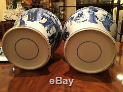 A Pair Large and Rare Chinese Qing Kangxi Style Blue and White Temple Jars