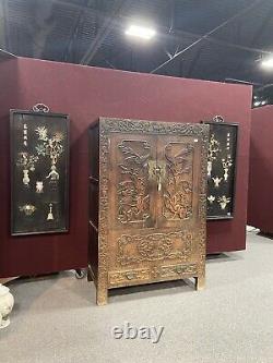 A Pair Of Large Chinese Lacquered Hard Stone Inlaid Wall Panels Shadow Boxes