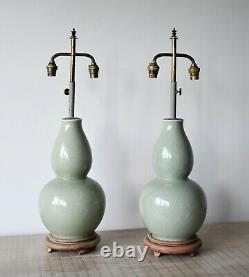 A Pair of Large Mid 20th C Chinese Oriental Celadon Bed Side Table Hall Lamps