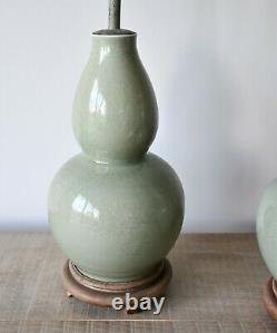 A Pair of Large Mid 20th C Chinese Oriental Celadon Bed Side Table Hall Lamps