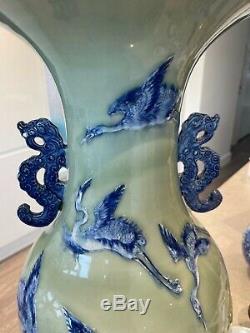 A Rare Chinese Large Qing Qianlong Celadon-ground Blue & White Cranes Vase
