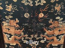 A Rare and Large Qing Dynasty Embroidered Silk Dragon Three-panel Room Screen
