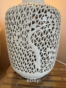 A Reticulated Large Open Work Blanc De Chine Lamp. Mid Century Modern